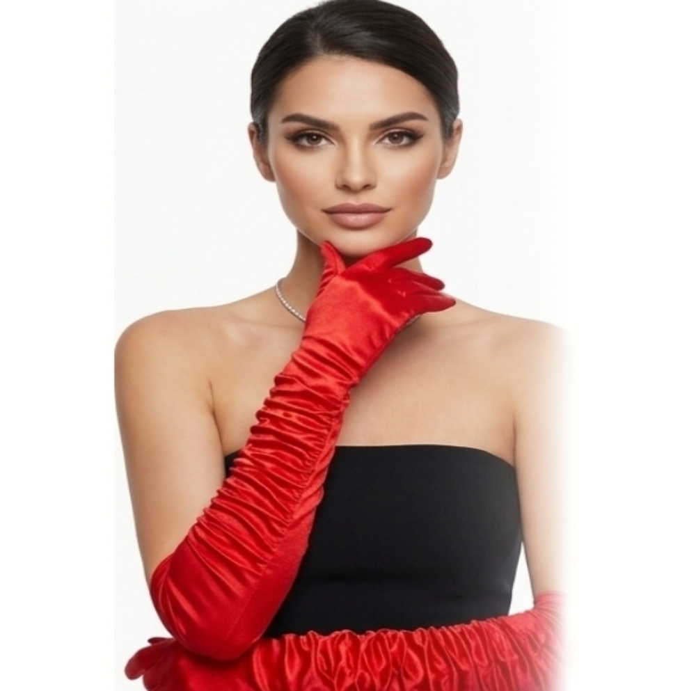 Beloved Millinery Stunning Red Runched Satin Elbow Opera Gloves Bridal Tea Derby